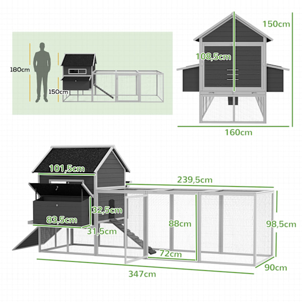 Hønsehus 2 plans hønsehus med redekasse, udendørs indhegning fjerkræholdsrum til 8-10 høns kravlegård med bakke, grantræ 347 x 160 x 150 cm grå