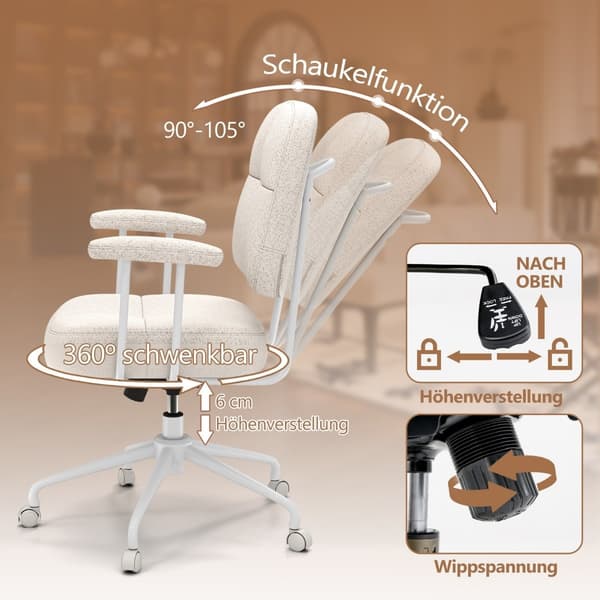 Ergonomisk kontorsstol med armstöd & hjul, beige