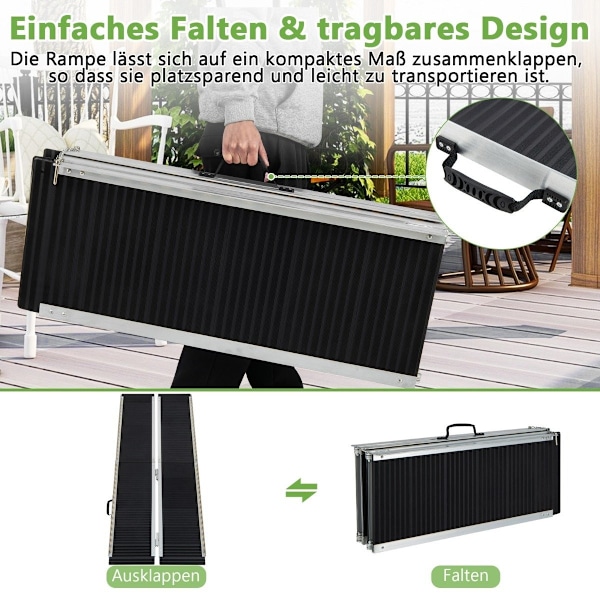 183 x 74 cm kørestolsrampe Bærbar og skridsikker folderampe op til 272 kg last aluminium