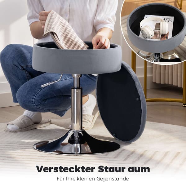 Justerbar grå fløjlsbarstol med opbevaring, 39x39x65 cm