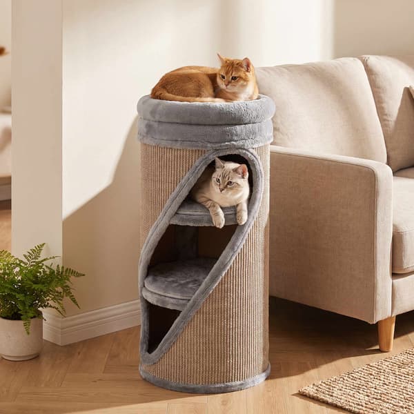 Kradsetønde til katte 75 cm med 3 huler og vaskbar seng, Ø 35 cm, grå