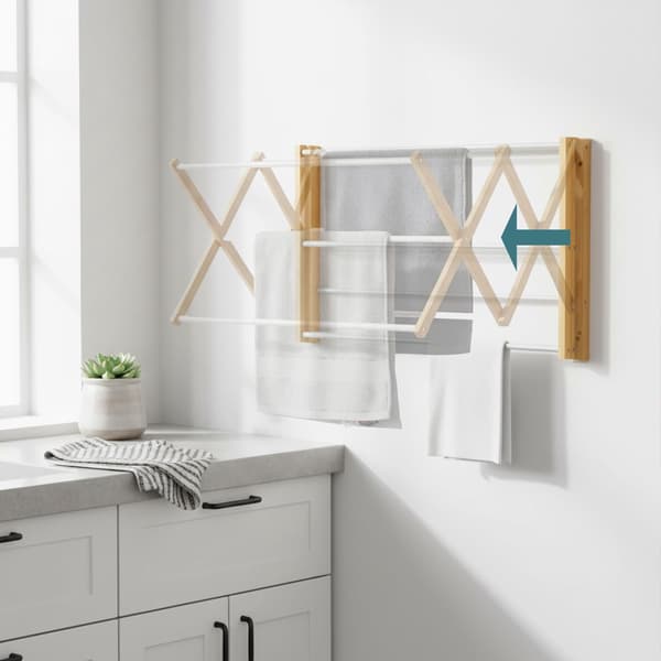 Väggmonterad torkställning i bambu, platsbesparande design