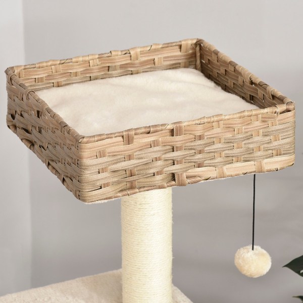 Rattan Kattetræ Kradsestolpe Med Kattehule, Boldlegetøj, Sisal & Blødt Plys, 108 Cm, Brun+Beige