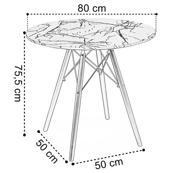 Rundt spisebord, 80 cm, hvid marmorplade, sorte ben