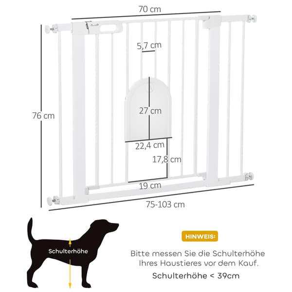 Pet Gate, Justerbar med liten dörr, Stål & Plast, Vit