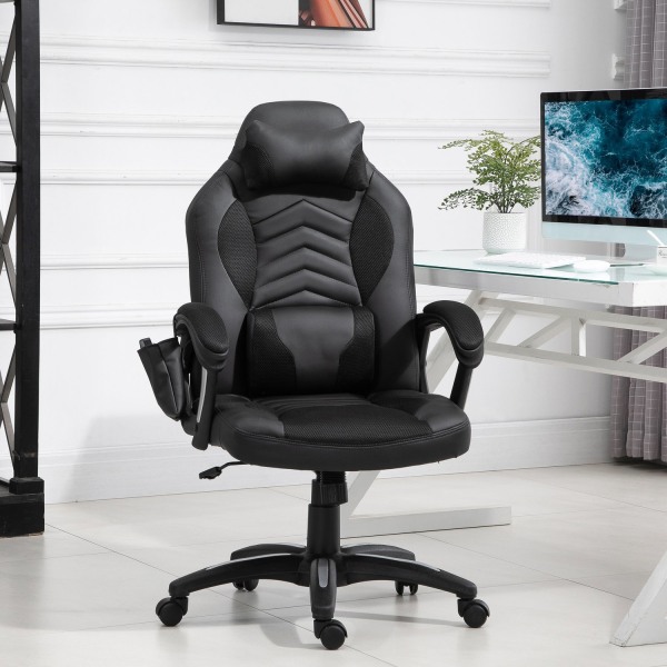 Gaming Chair Kontorstol Med Varmefunktion 6 Vibrationspunkter Ergonomisk Drejestol Massagestol Kunstlæder Sort B68 X D69 X H (108-117) Cm