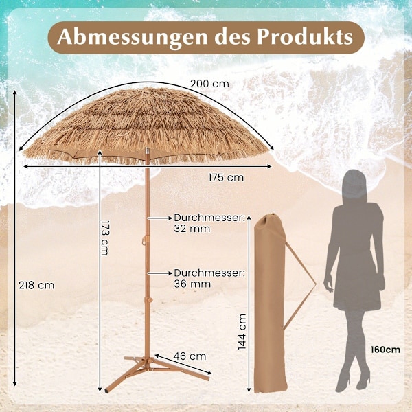 Hawaiian Style Beach Paraply med hopfällbart stativ & lutningsknopp & bärväska Tiki Paraply