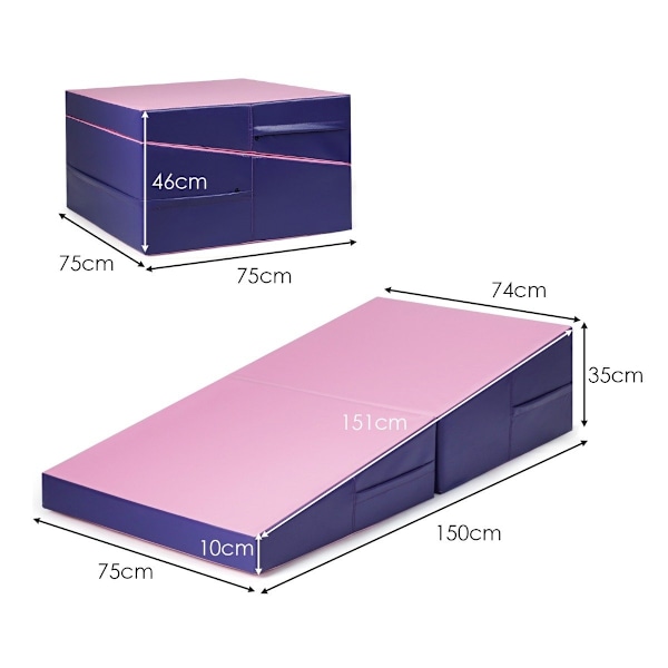 Vino voimistelumatto, kiilamainen pehmeä lattiamatto, taitettava 2 in 1 voimistelumatto kantokahvalla 150 x 75 x 36 cm pinkki + violetti