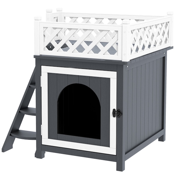 Kattgrotta, katthus av granträ, katthus med balkong, trappor, för katter, kaniner upp till 6 kg, inomhus, utomhus 67,5 x 63 x 68,5 cm, grå
