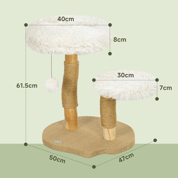 Klapstolpe 61,5 cm hög kattskrapstolpe med lekboll, sängar, katttorn med kattskrapbräda, för katter under 5 kg, päronträ, vit