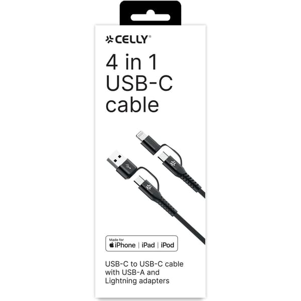4-in-1-kaapeli USB-C/USB-A-USB-C/Lightning Max 60W 2 m Musta