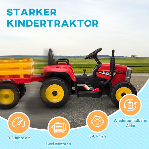 Sähkötraktori Lasten Sähköauto Perävaunulla, Kaukosäädin, Mp3, Ajovalo, 3-6Km/H, Punainen