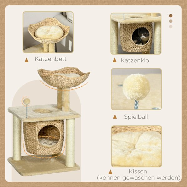 Liten kattskrapstolpe, 74 cm kattträd med kattgrotta, lekboll, klättertorn inomhus med säng, klösmöbler för katter upp till 5 kg, beige