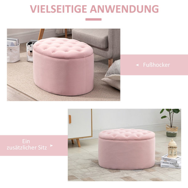 Rosa Stoppad Bänk Med Förvaringsutrymme, Sammetslen Polyester, Gummiträ, Oval Form, För Vardagsrum, 71X52X42Cm