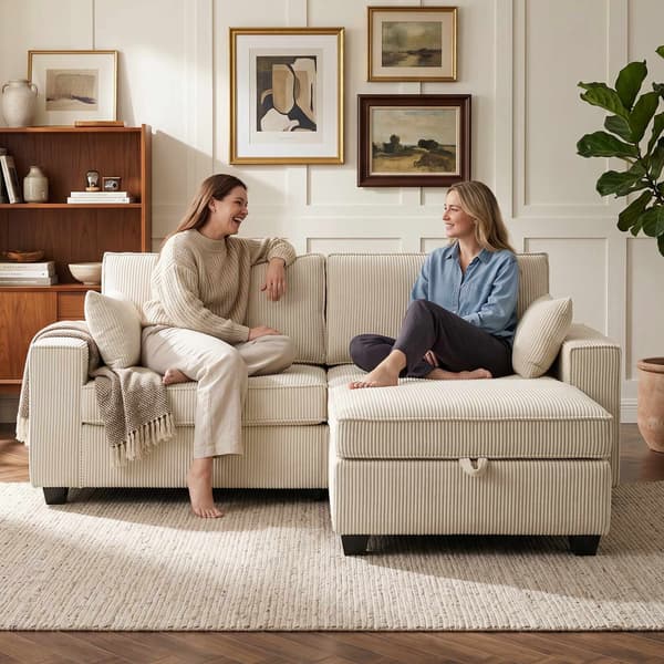 L-formad sladdsoffa med vändbar förvaringsfotpall, beige