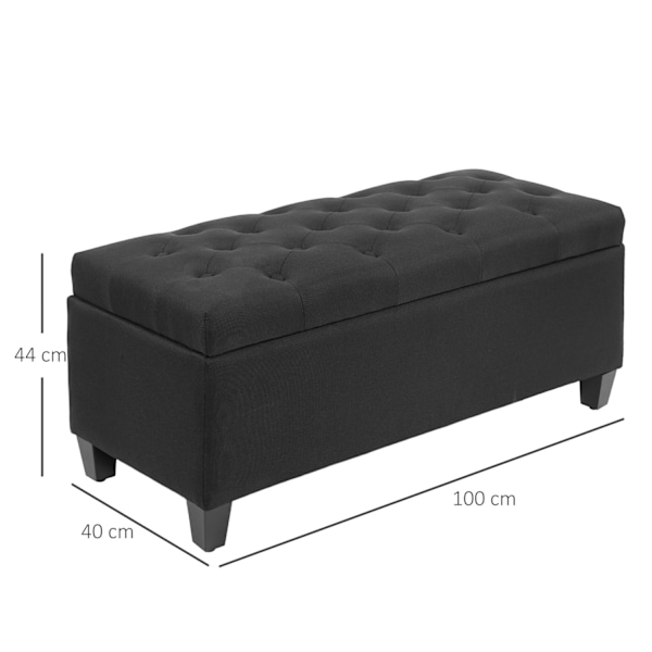 Bænk polstret bænk med opbevaringsplads brystbænk entre soveværelse stue linnedlignende polyester gummi træ sort 100 x 40 x 44 cm