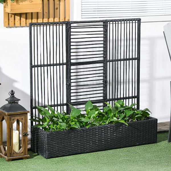 Polyrattan Højbed Med Espalier Blomsterkasse Plantekasse Blomsterseng Til Havebalkon Sort 103 X 103 X 29 Cm