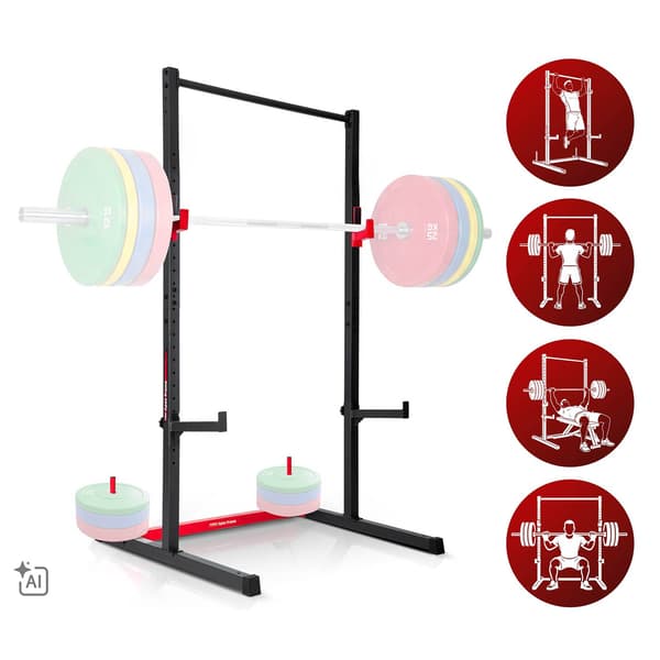 Halvvægtstang med pull-up stang og sikkerhedsstænger, maks. 300 kg, sort-rød