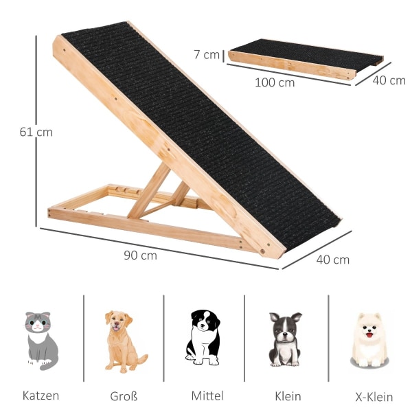 Pet Ramp Justerbar Hundramp Med Halkfri Matta, Furu, Polyester, 90X40X61Cm