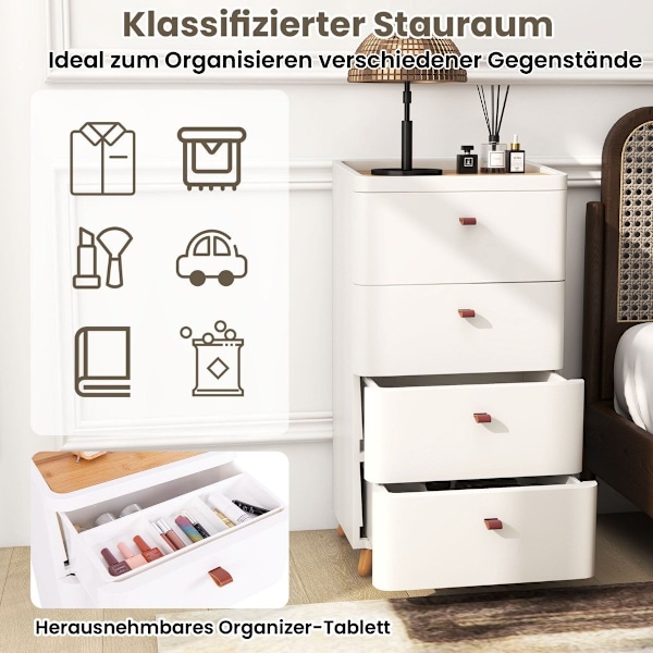 Natbord med 4 skuffer sengebord kommode med aftagelig opdelingsbakke hvid 42 x 32 x 81,5 cm