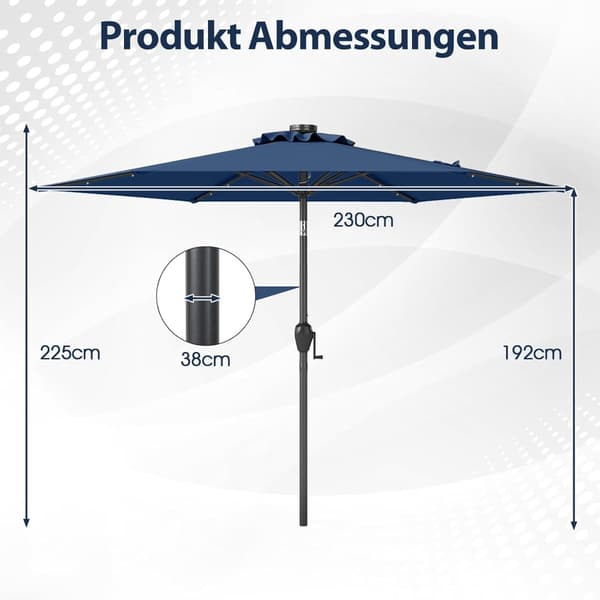 230 cm parasoll med LED-solcellslampor, marinblå