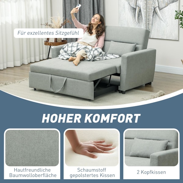Bäddsoffa, 2-sits soffa med sovfunktion, justerbart ryggstöd, soffa med kuddar, sammetslook, bäddsoffa med bäddbox för vardagsrum, gästrum, ljusgrå