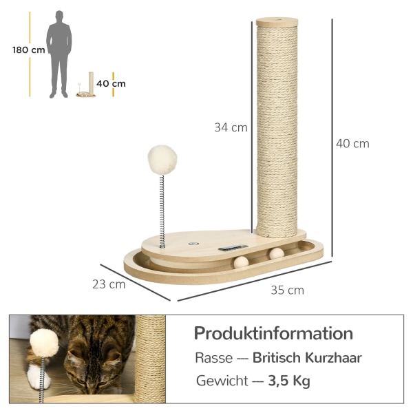 Kissan Raapimispylväs 40 Cm, Puinen Pallolelu & Levysoitin, Natural