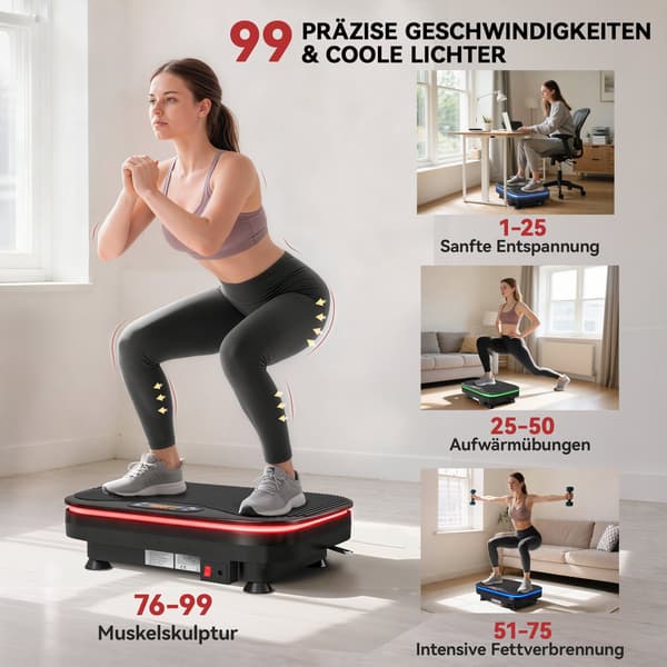 Tärinälevy kuntoiluun, Bluetooth, 99 nopeutta, musta