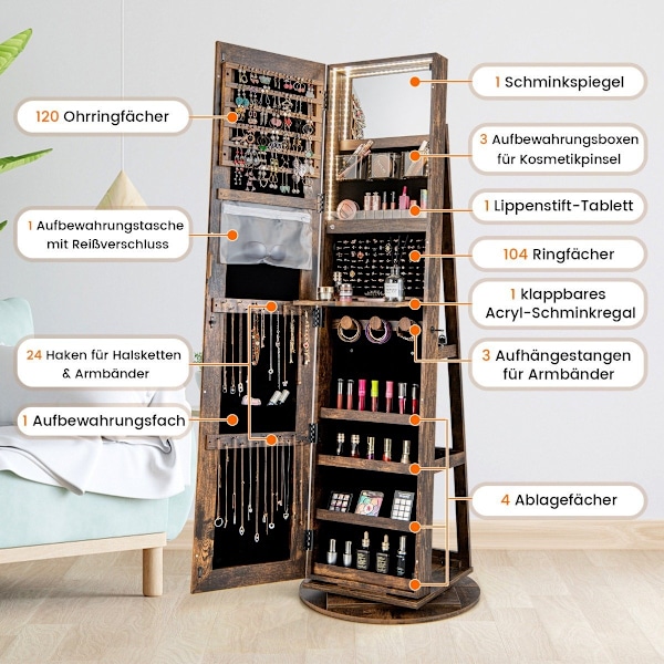 360° pyörivä korukaappi kolmivärisellä LED-valolla, vapaasti seisova peilikaappi, ruskea
