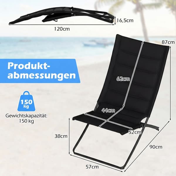2-delte foldbare strandstole med polstrede sæder, sort