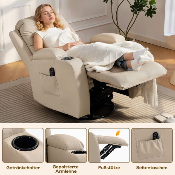 Massagestol med lænefunktion, gyngefunktion, varme, 3 tilstande, cremehvid