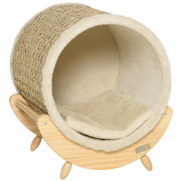 Cat Cave Med Hylde Katteseng, Ridsepude, Fyrretræ, Flannel, Khaki, Natur & Beige, 41X38X43Cm