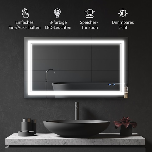 Badrumsspegel Badrumsspegel Med Led-Belysning, Touch-Omkopplare, 3 Ljusfärger, Ip44 Vattentät, 100X60Cm