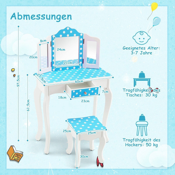 2 i 1 toiletbord til børn med skammel & tredobbelt foldespejl & skuffe prik blå