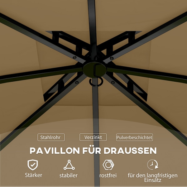 Lusthus ca 3,4x3,4 m vattenavvisande trädgårdspaviljong med 4 sidopaneler, dubbeltak, partytält med UV-skydd trädgårdstält med galvaniserad metallstom