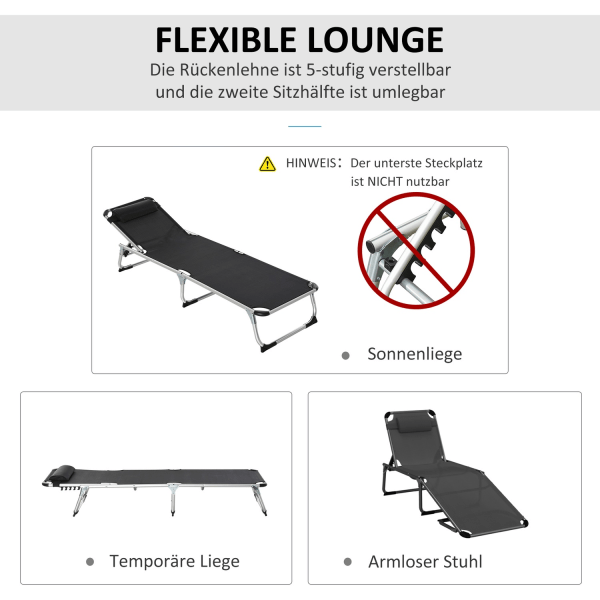Liggestol Haveseng Liggestol Af Aluminium Stof Afslapningsstol 5-Vejs Justerbar Foldbar Ergonomisk Mesh Sort 170 X 60 X 76 Cm
