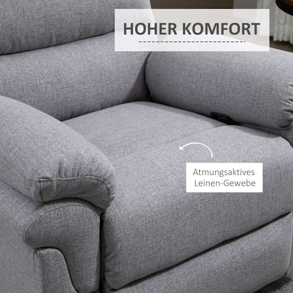 Afslapningsstol med lænefunktion, 165° tilt, sammenklappelig fodstøtte, linned touch, hvilestol, tv-stol, 91 x 92 x 102 cm, lysegrå