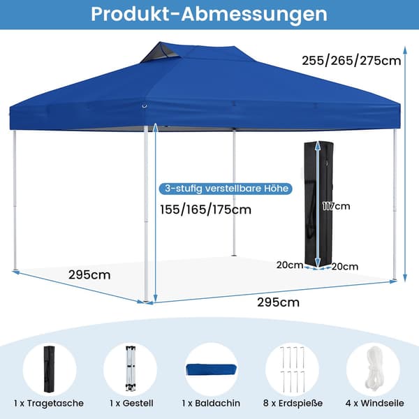 Pop-Up Pavillon, Vandtæt UV 50+ Blå, 3x3m