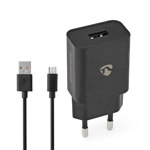 Väggladdare | 12 W | Snabbladdnings funktion | 1x 2.1 A A | Antal utgångar: 1 | USB-A | Micro USB (Lös) Kabel | 1.00 m | Single Voltage Output Svart