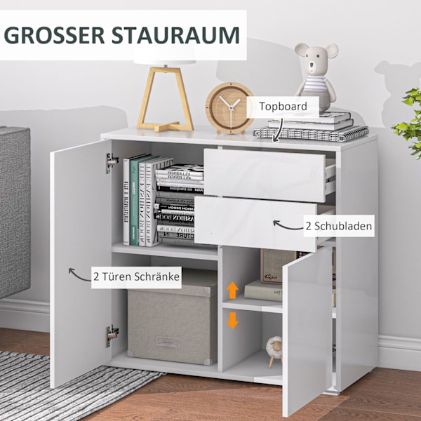 Skænk opbevaringsskab med skuffe, 2 push-click låger, køkkenskab med justerbar hylde, buffet skab til køkken, stue 79x36x75 cm hvid