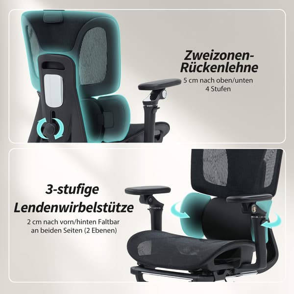 Ergonomisk kontorstol, justerbar lænde- og nakkestøtte, sort net