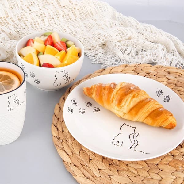 Porslinsdessertstallrik, vit kattdesign, 20,5 cm