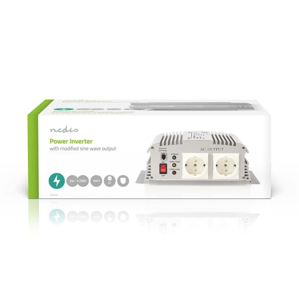 Växelriktare med modifierad sinusvåg | Inspänning: 24 V DC | Enhetens utgångsanslutning: Type F (CEE 7/3) | 230 V AC 50 Hz | 1000 W | Toppeffekt: 2400