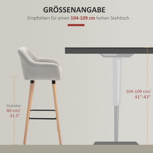 Barstol Set med 2 Bekväm linnebarstol med sittdyna, kökspall, bistropall med fotstöd, ben i bokträ, beige