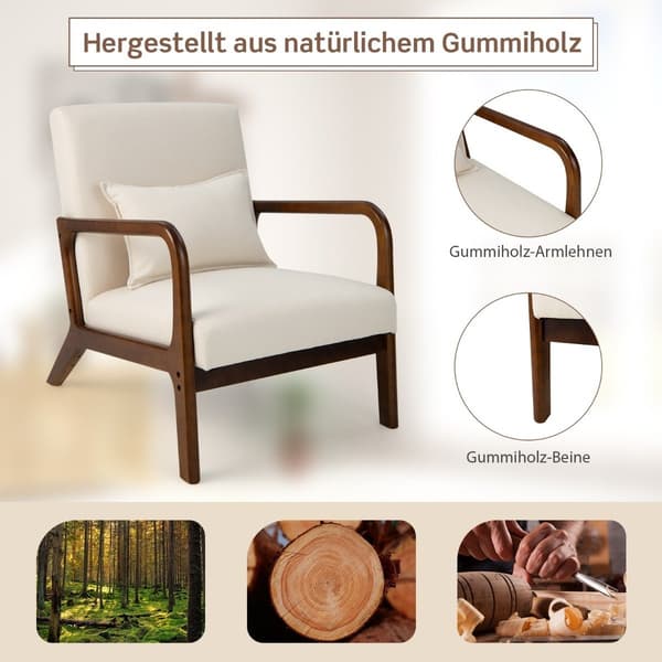 Vardagsrumsstol, vadderad, armstöd i trä, beige