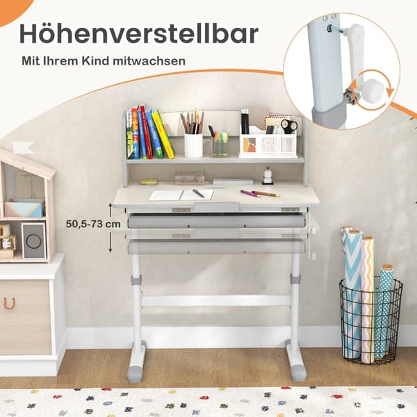 Justerbart børnebord med vippeplade, skuffe, hylder – grå