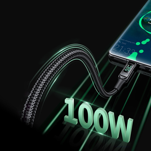 Flettet kabel med LED skærm USB-C 100W 20V 5A 2m sort