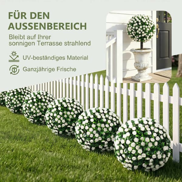 Kunstige rosekugler, topiary-pæle, 2-pak, UV-resistente, hvide