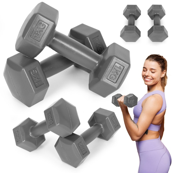 Hex håndvægte sæt 2x1 kg, træningsvægte, fitness belastning, grå, ModernHome
