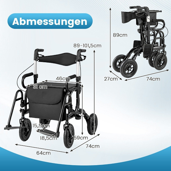 2-i-1 rollator & kørestol, let, sammenklappelig, sort